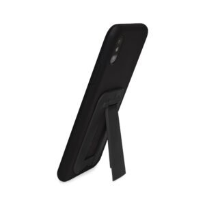 Suporte para celular Personalizado em acrílico segurando um smartphone sobre uma mesa de escritório.