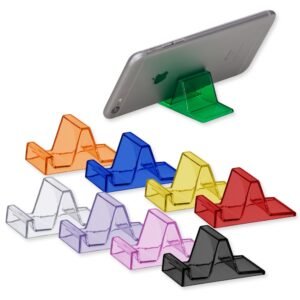 Suporte para celular simples em material plástico resistente apoiando um smartphone em uma mesa branca.