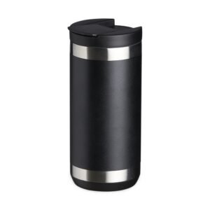 Copo para viagem personalizado com logotipo em uma mesa de trabalho moderna.